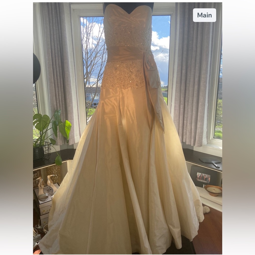 Maggie Sottero Strapless Ecru Taffeta with Tan Sash